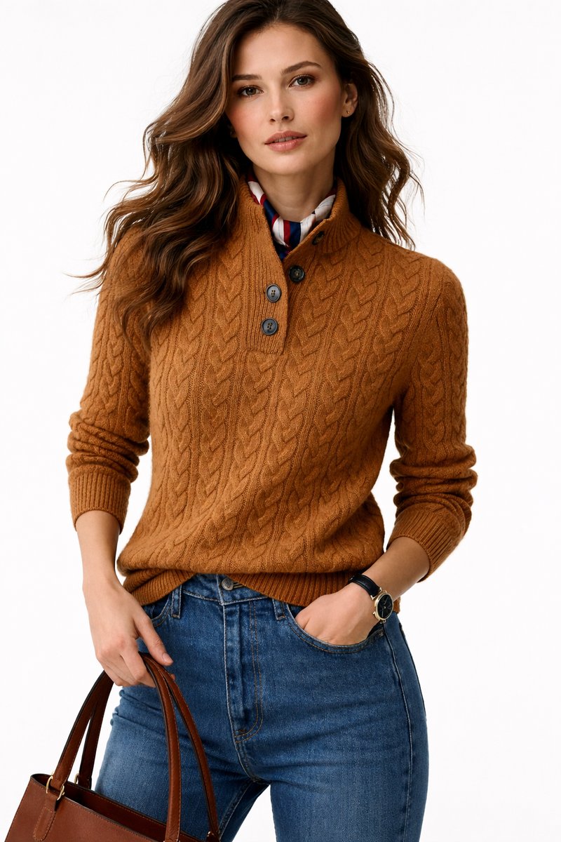 Cable knit mock neck sweater with button placket for women