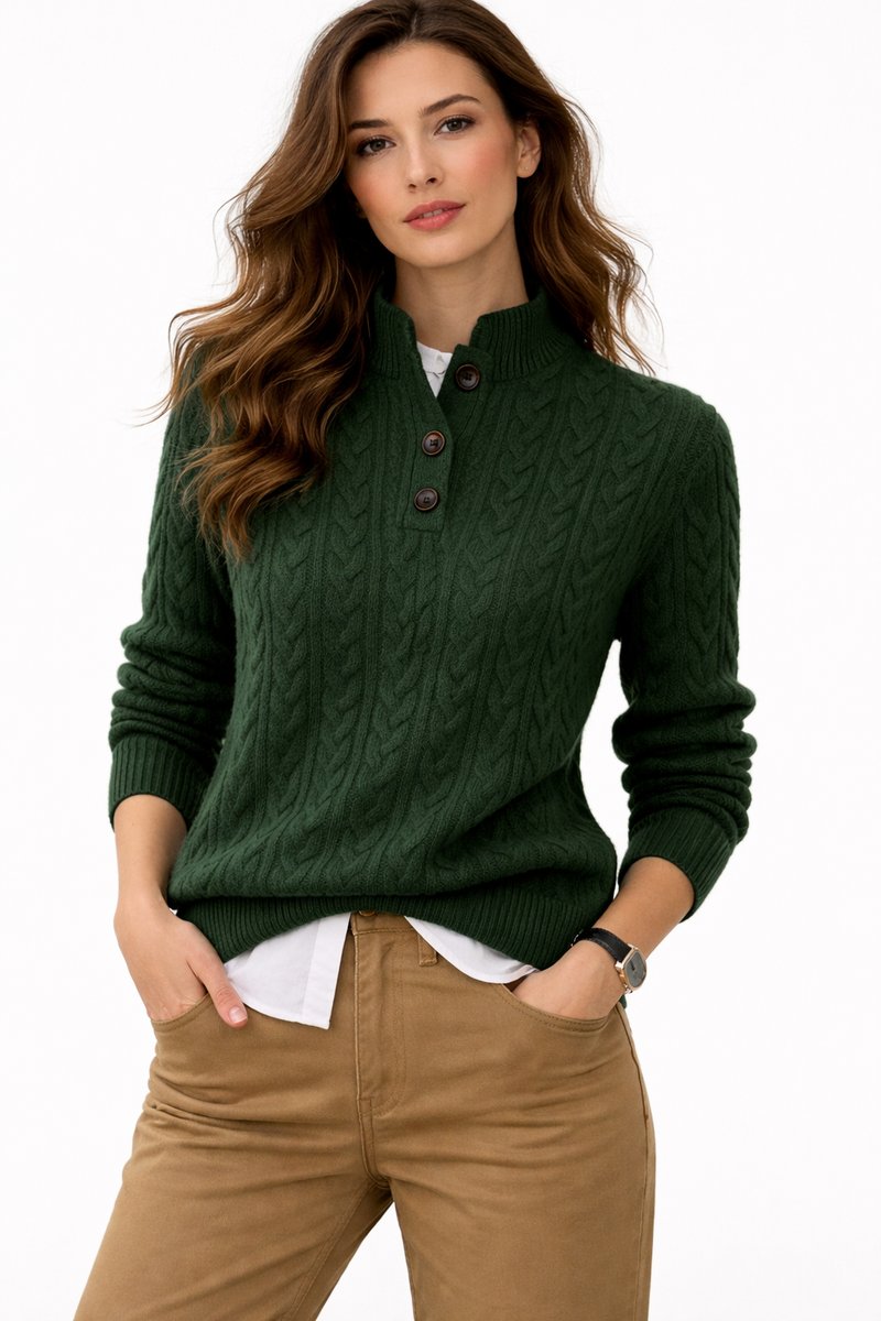 Cable knit mock neck sweater with button placket for women
