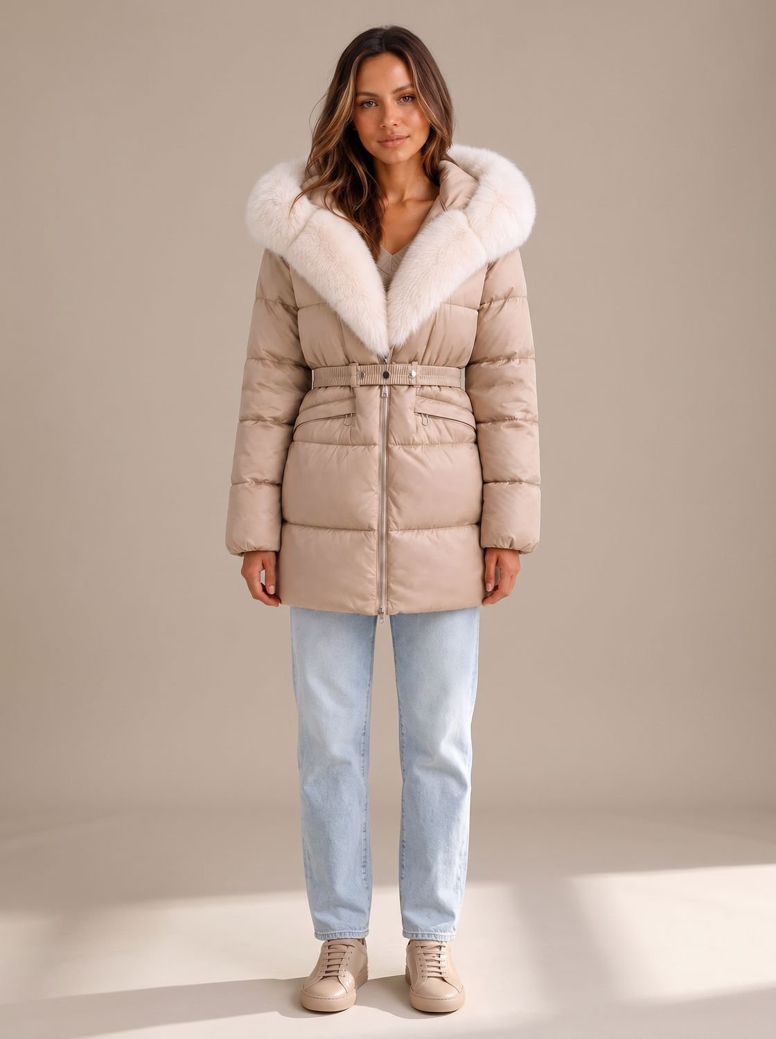 Faux fur collar belted jacket for women