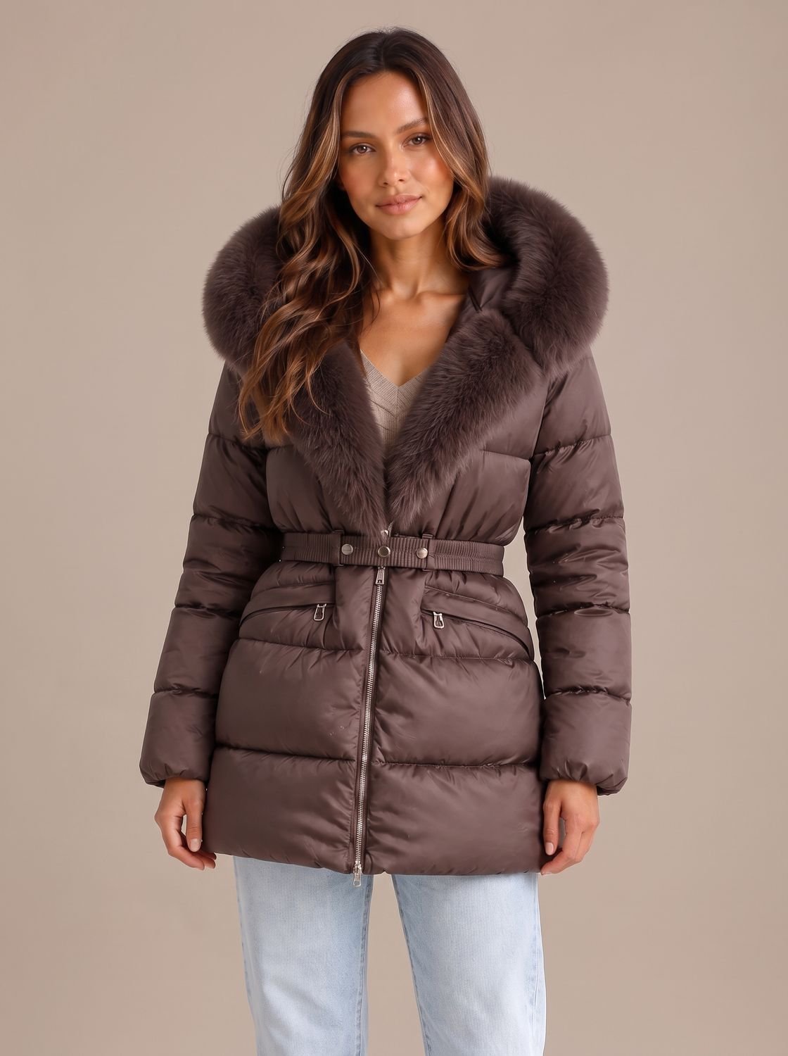 Faux fur collar belted jacket for women