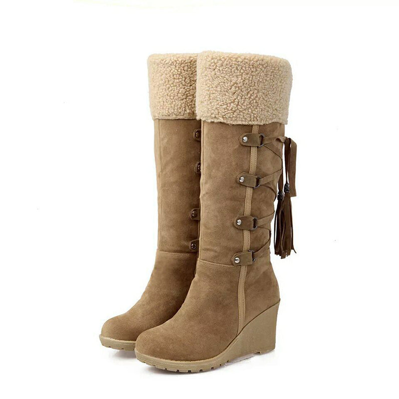Wedge heel tall snow boots in brown for women