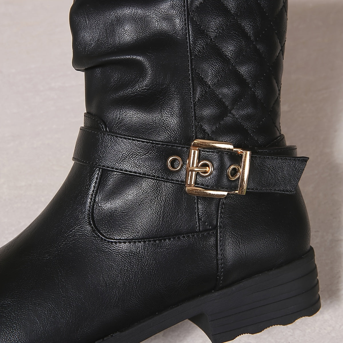 Ruched buckle mid-calf boots in black for women