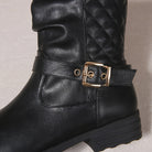 Ruched buckle mid-calf boots in black for women