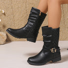 Ruched buckle mid-calf boots in black for women