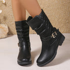 Ruched buckle mid-calf boots in black for women