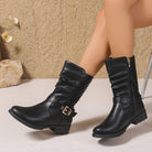 Ruched buckle mid-calf boots in black for women