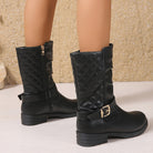 Ruched buckle mid-calf boots in black for women