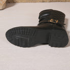 Ruched buckle mid-calf boots in black for women