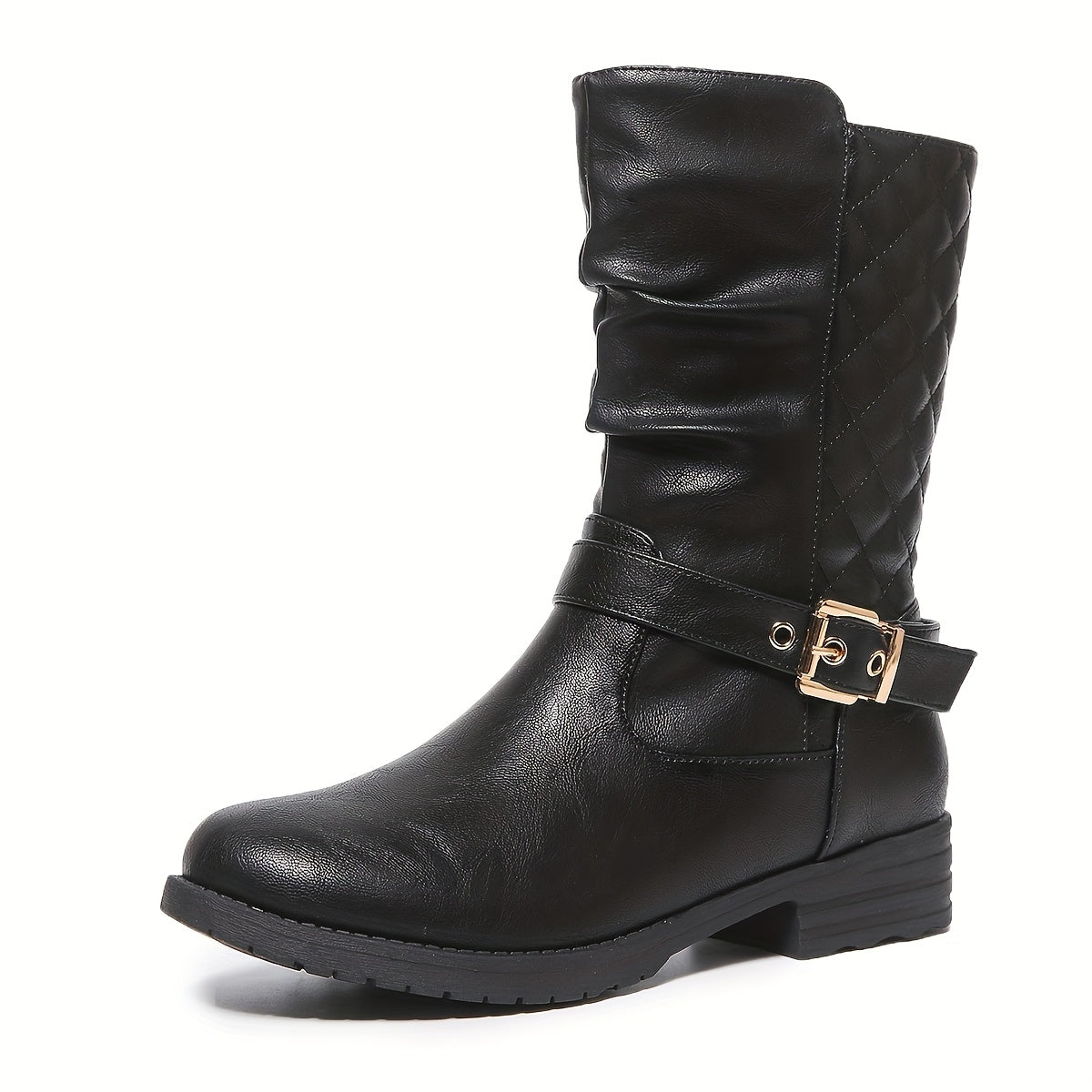 Ruched buckle mid-calf boots in black for women