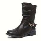 Ruched buckle mid-calf boots in black for women
