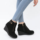 Lace-up buckle hidden wedge boots for women