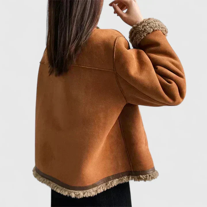 Suede-look jacket with sherpa trim in brown for women