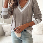Multicolor oversized cable knit V-neck sweater for women