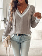 Multicolor oversized cable knit V-neck sweater for women