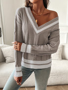 Multicolor oversized cable knit V-neck sweater for women