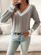 Multicolor oversized cable knit V-neck sweater for women