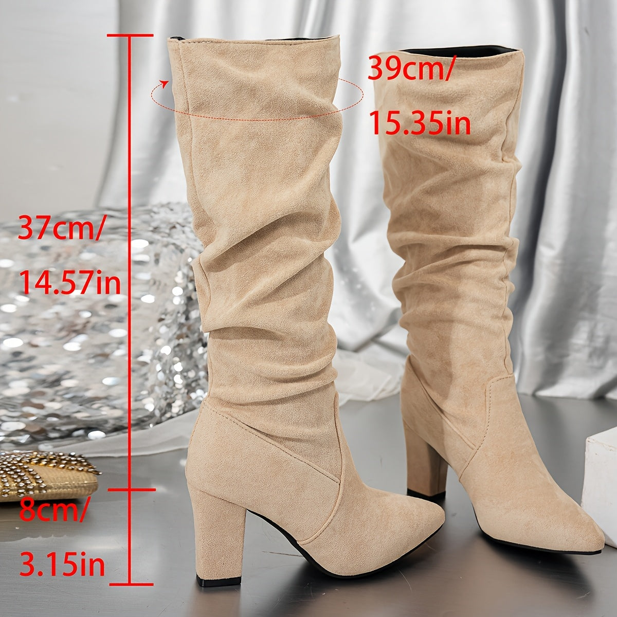 Black knee-high slouch boots with block heel for women