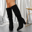 Black knee-high slouch boots with block heel for women
