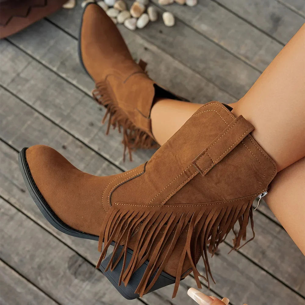 Wide calf fringe cowboy boots for women