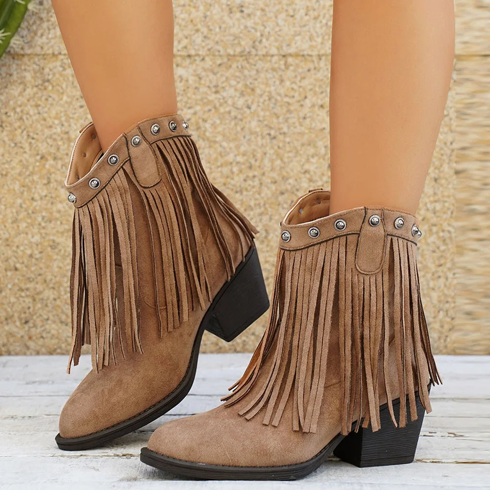 Wide calf fringe cowboy boots for women