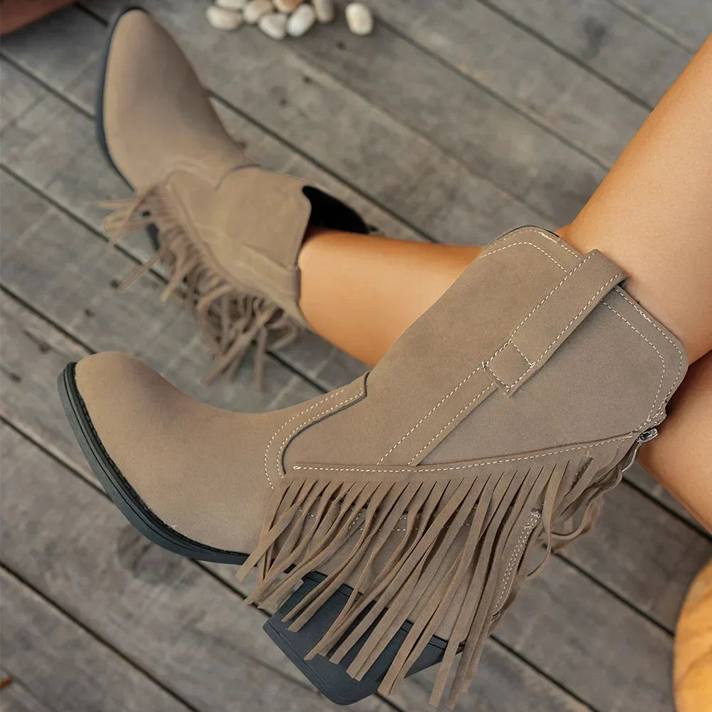 Wide calf fringe cowboy boots for women