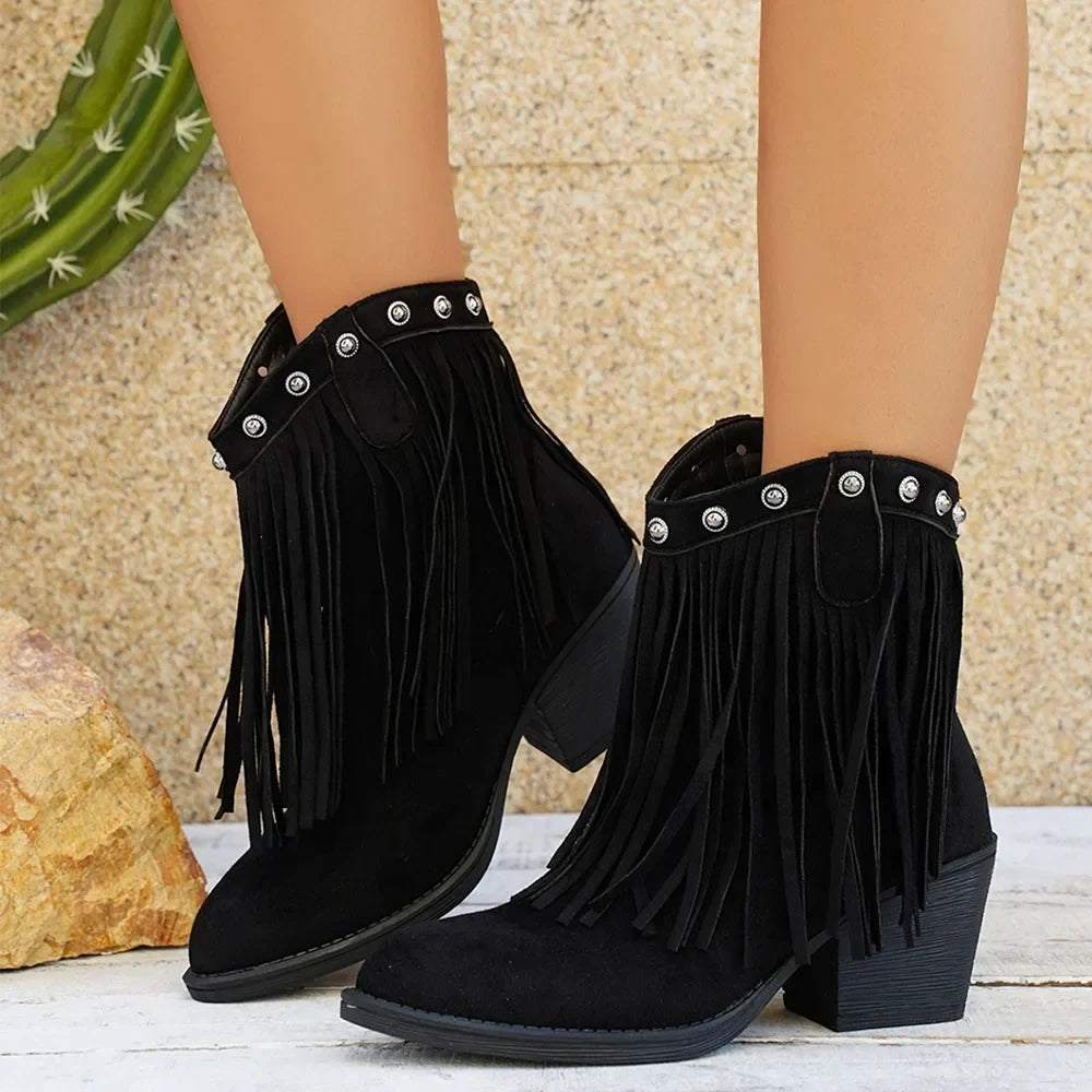 Wide calf fringe cowboy boots for women