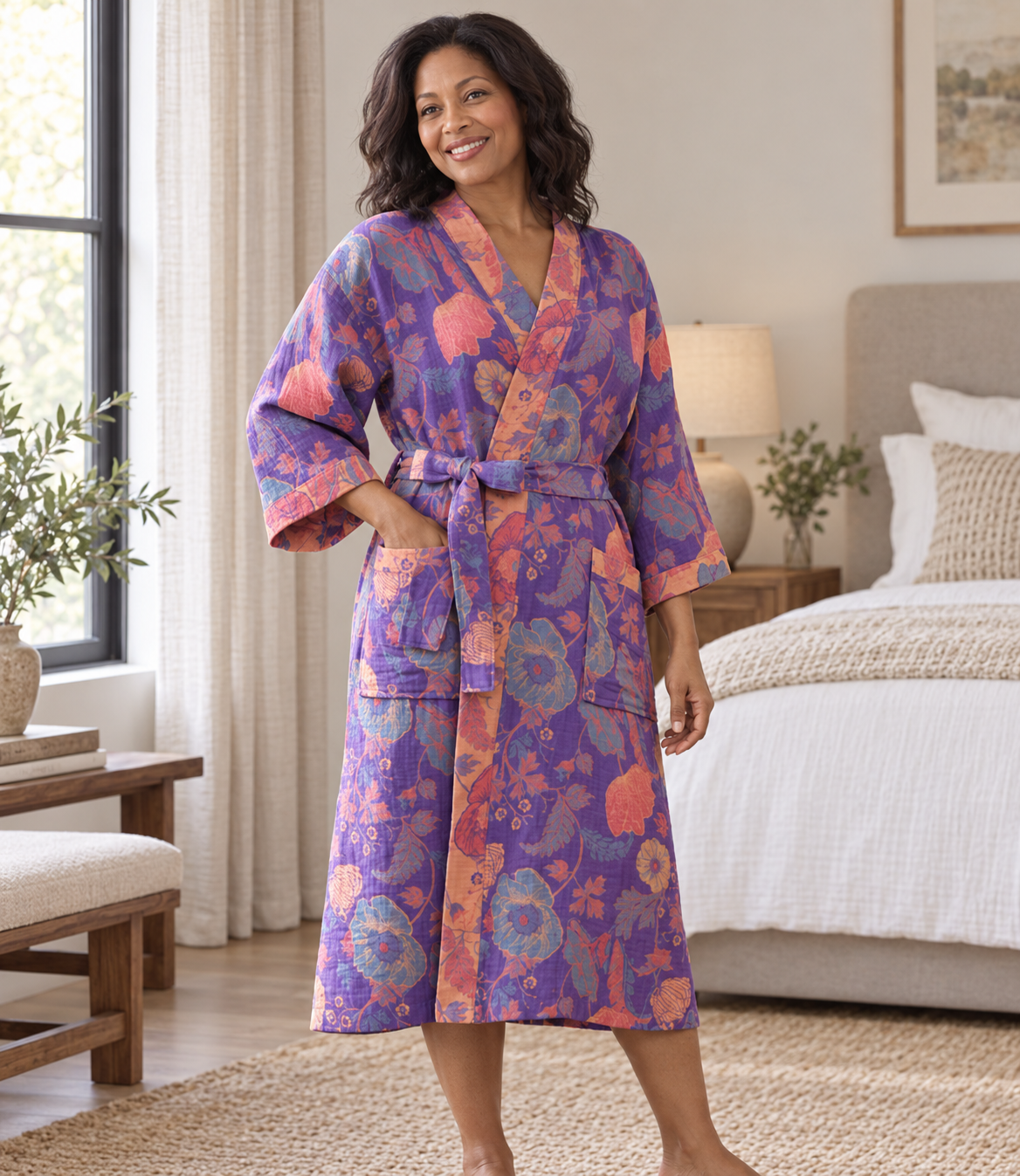 Floral cotton kimono robe for women