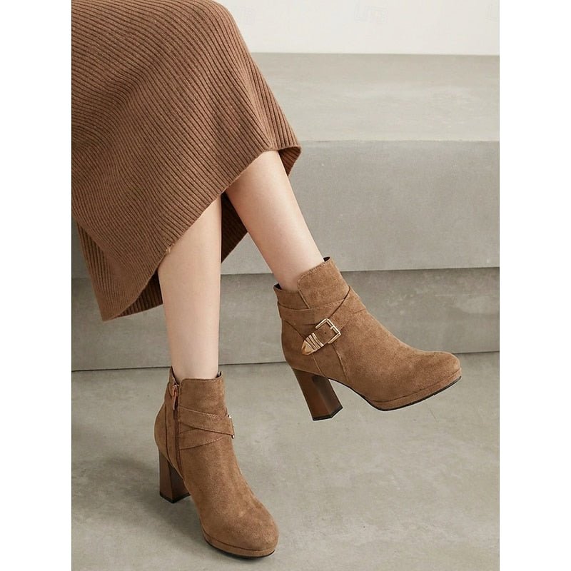 Suede-look block heel ankle buckle boots for women