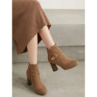 Suede-look block heel ankle buckle boots for women