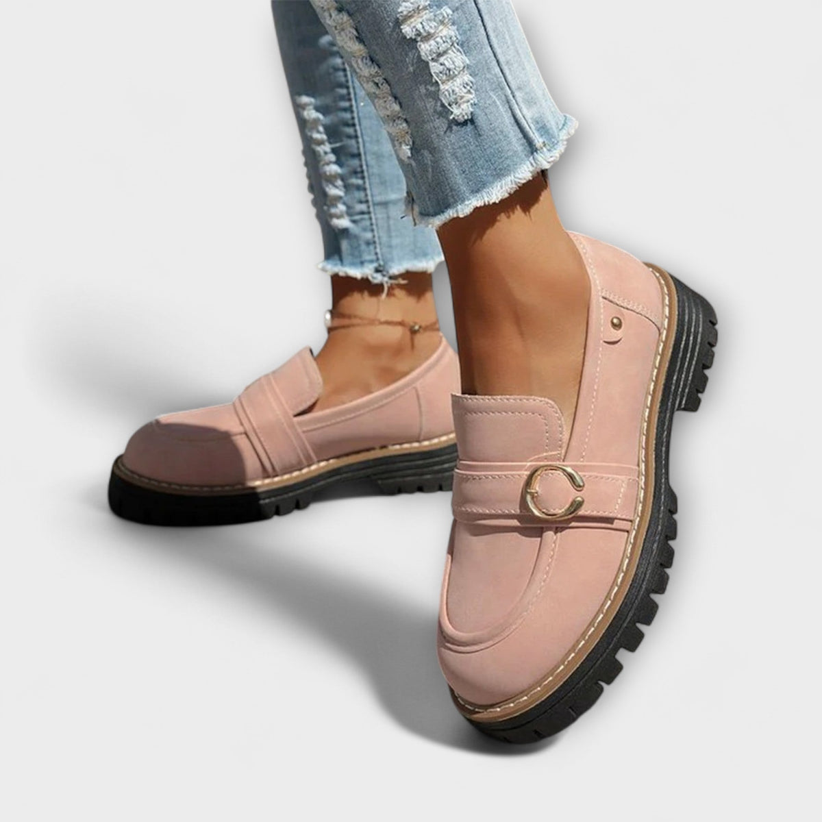 Ring buckle lug sole chunky loafers for women