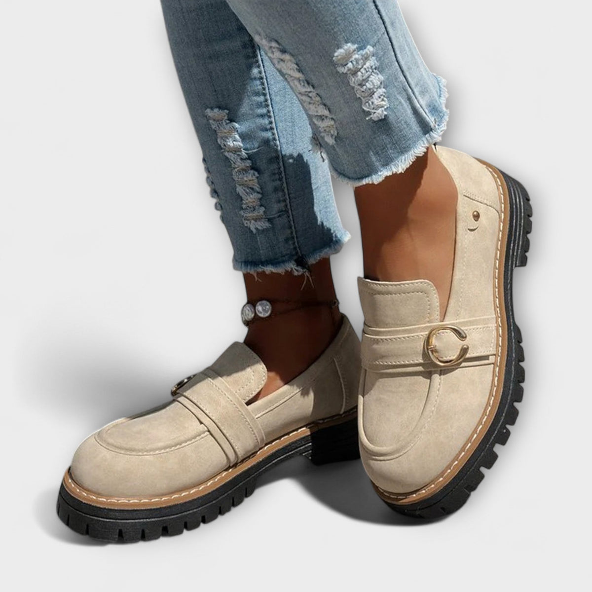 Ring buckle lug sole chunky loafers for women