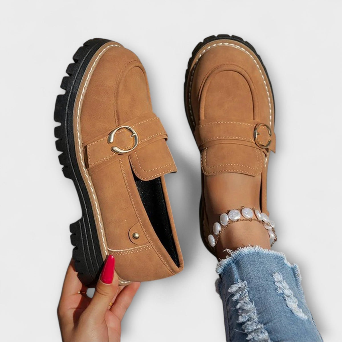 Ring buckle lug sole chunky loafers for women