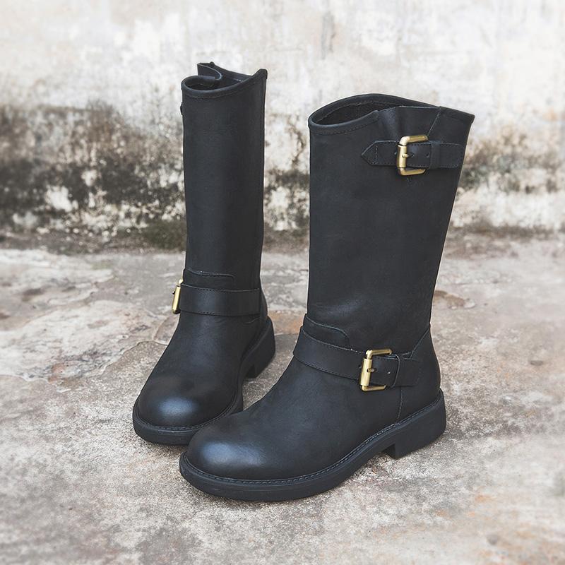Buckle mid-calf riding boots for women