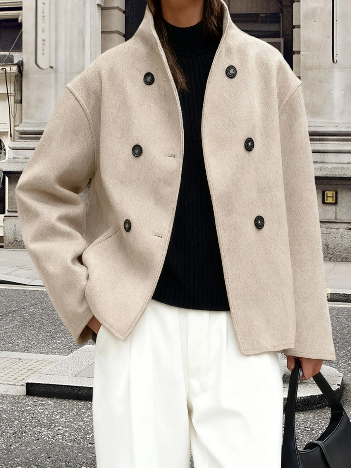 Cropped stand collar pea coat for women