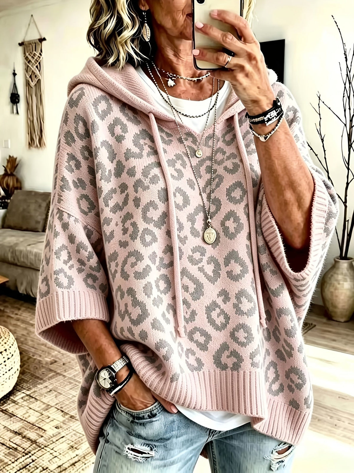 Oversized leopard batwing knit hoodie for women