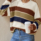 Striped color block sweater in burgundy, apricot and olive for women