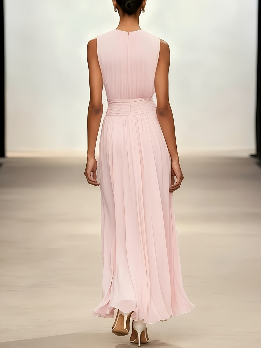 Vestido largo plisado para mujer con cintura fruncida