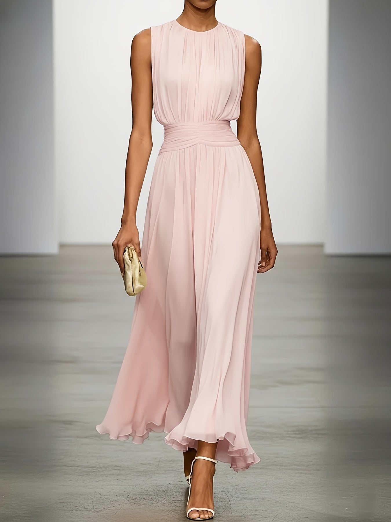 Vestido largo plisado para mujer con cintura fruncida