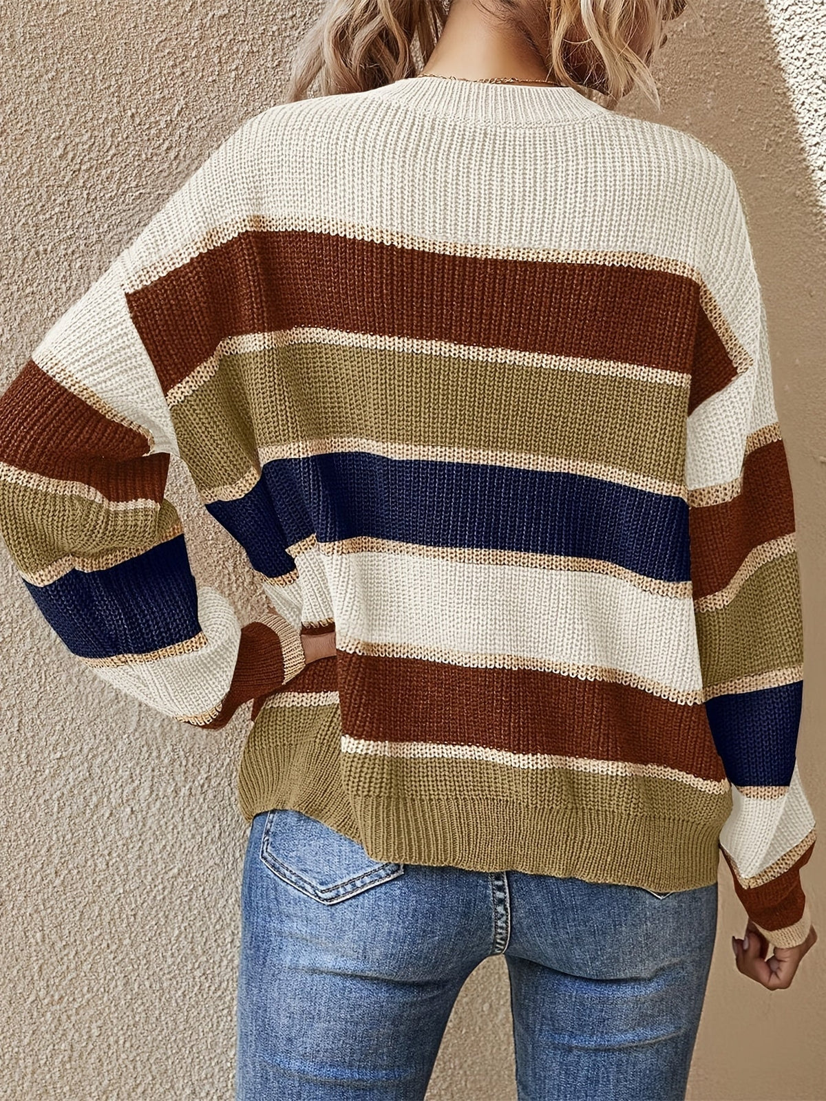 Striped color block sweater in burgundy, apricot and olive for women