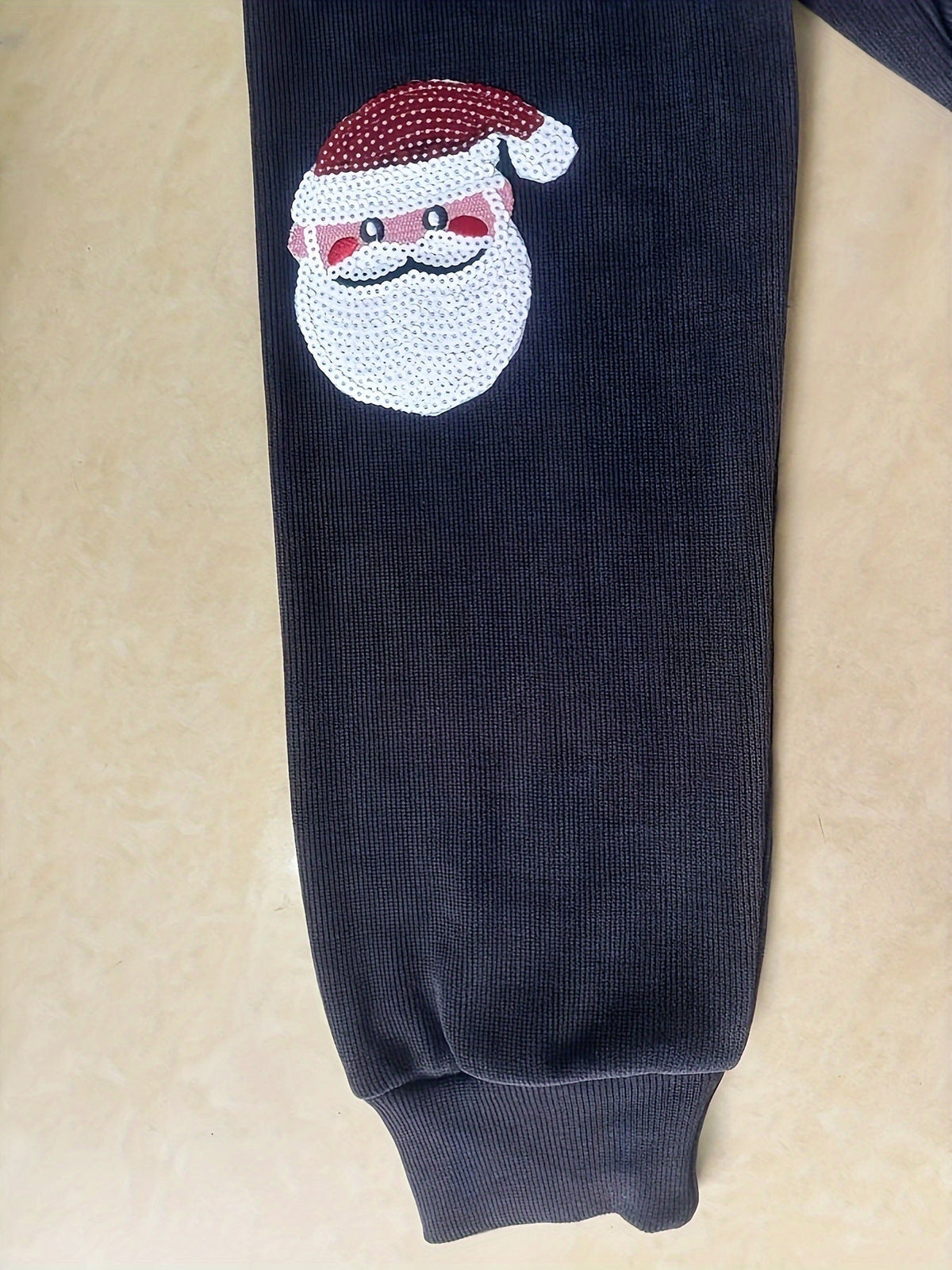 Dark gray corduroy Christmas sweater with sequin Santa for women