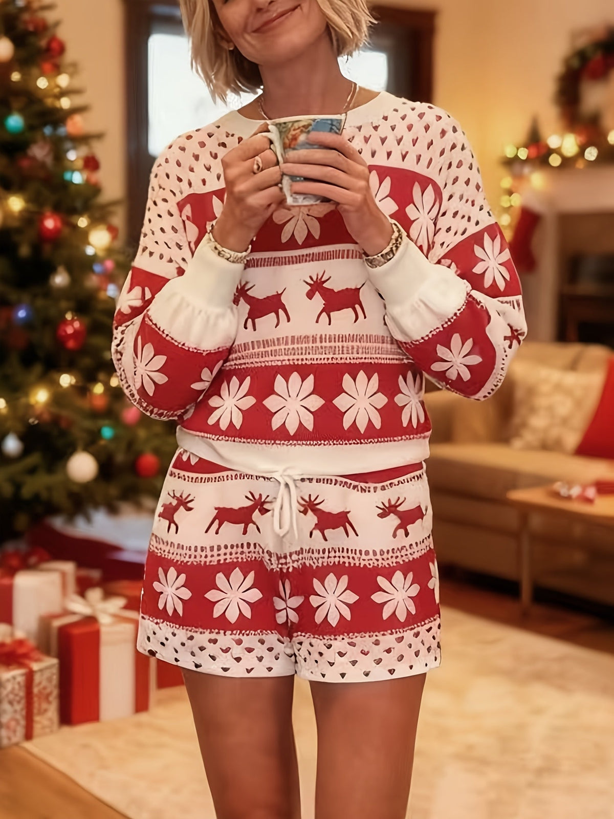 Red and white snowflake Christmas pajama set for women