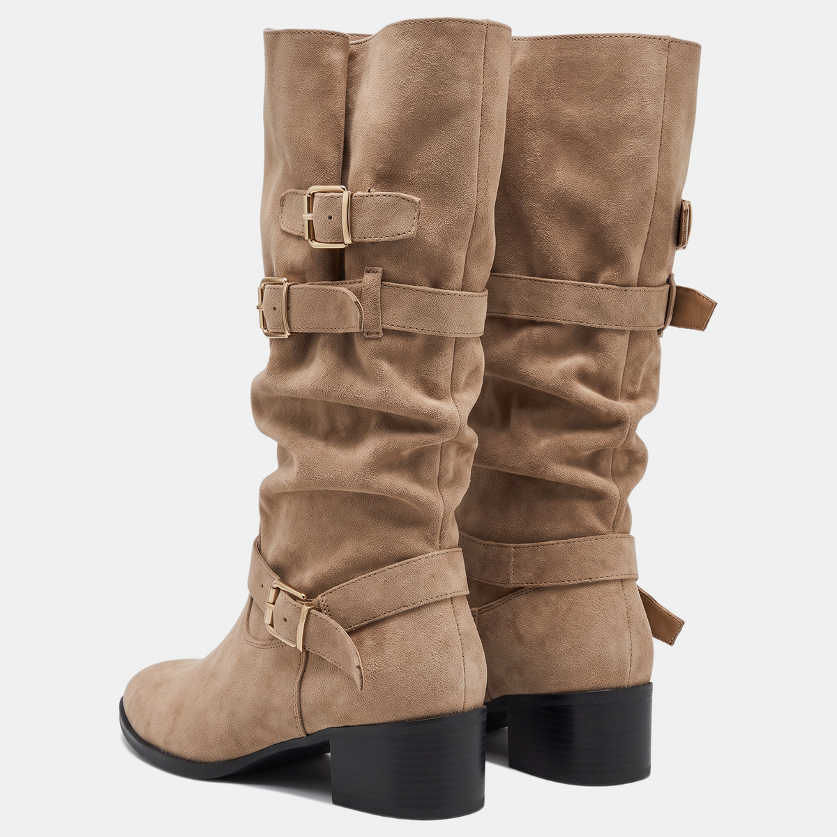 Triple buckle knee-high slouch boots for women