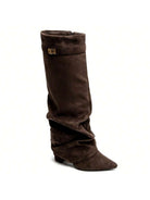 Fold-over slouch boots with buckle strap for women