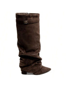 Fold-over slouch boots with buckle strap for women