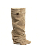 Fold-over slouch boots with buckle strap for women