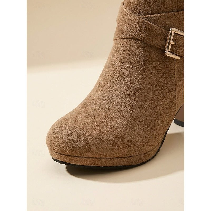 Suede-look block heel ankle buckle boots for women