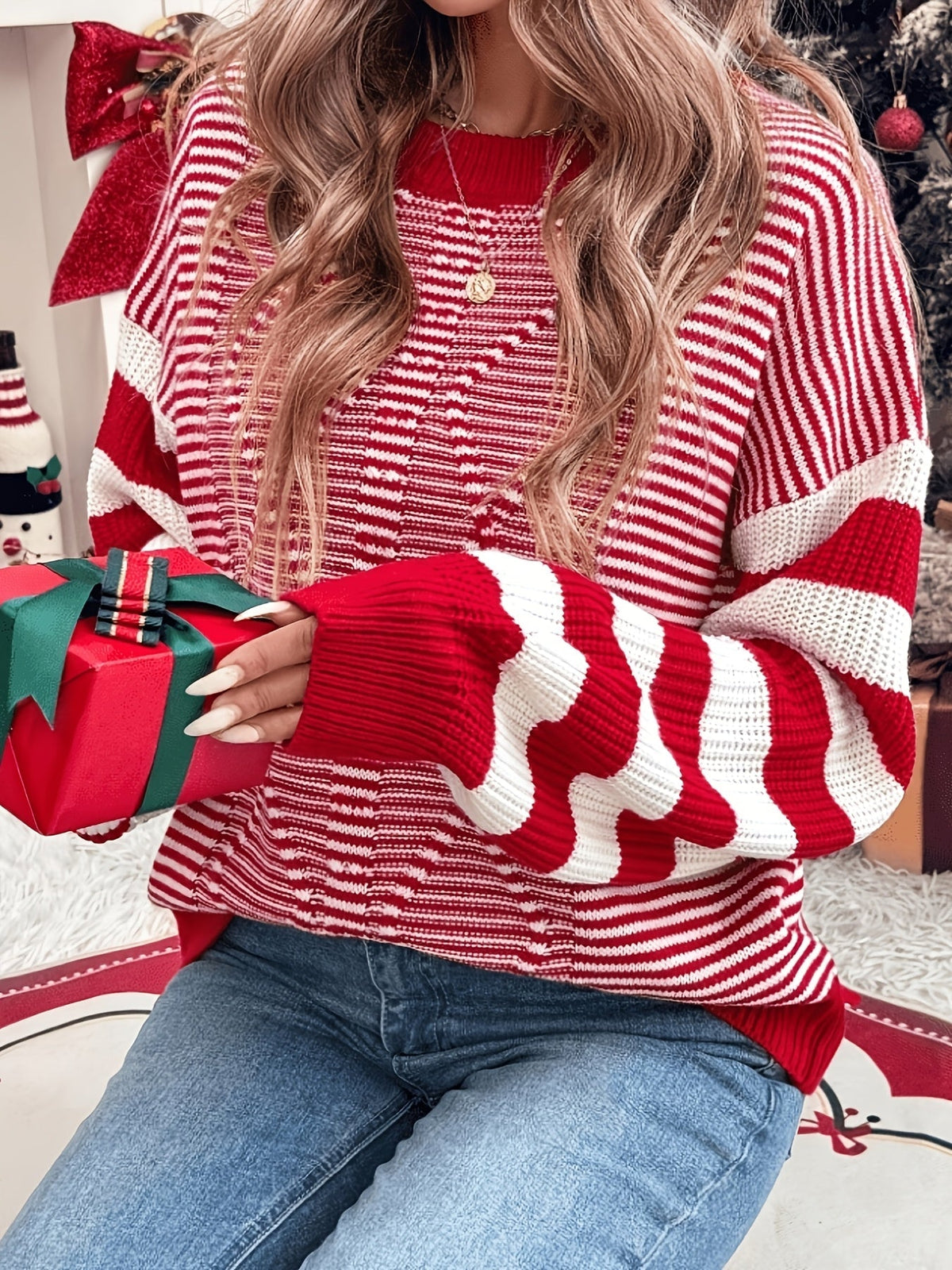 Red striped Christmas sweater with drop shoulders for women