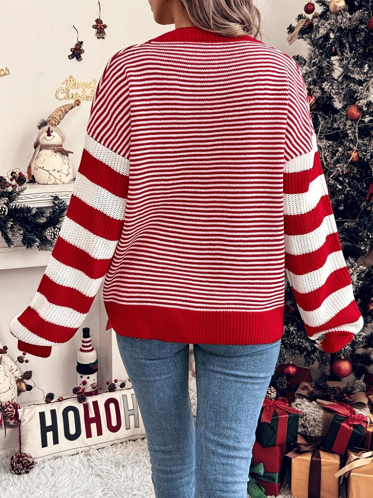 Red striped Christmas sweater with drop shoulders for women