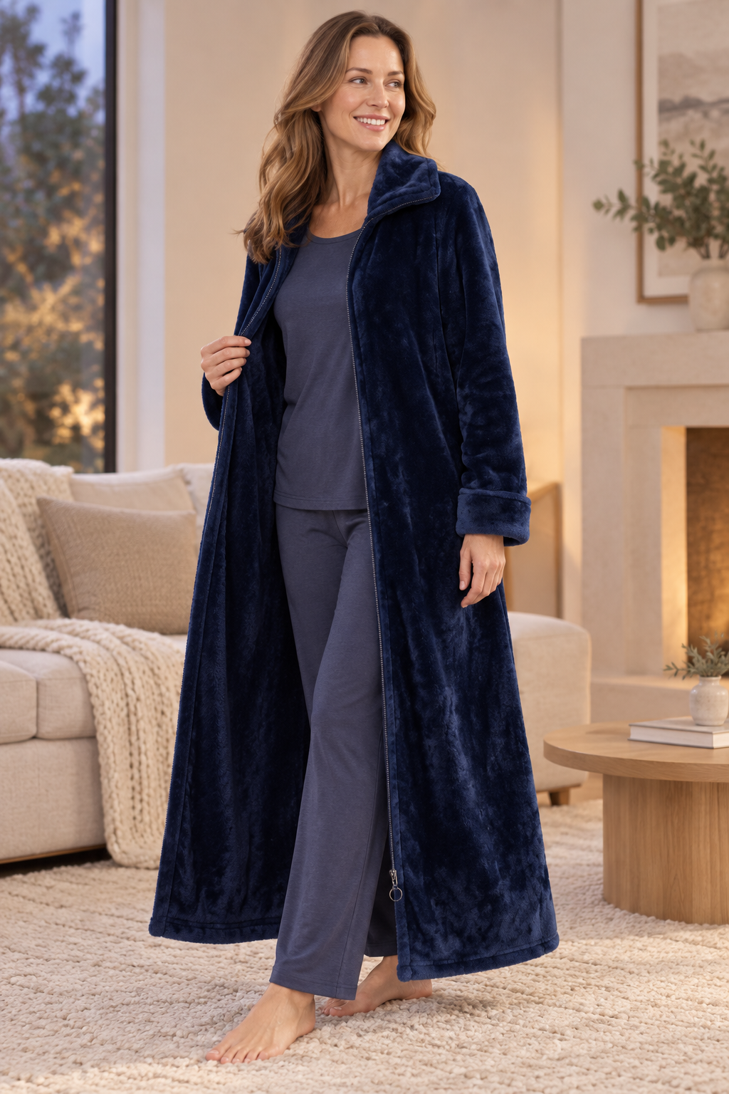 Zip-up fleece robe for women