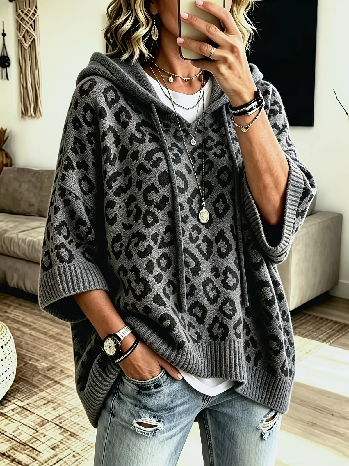 Oversized leopard batwing knit hoodie for women